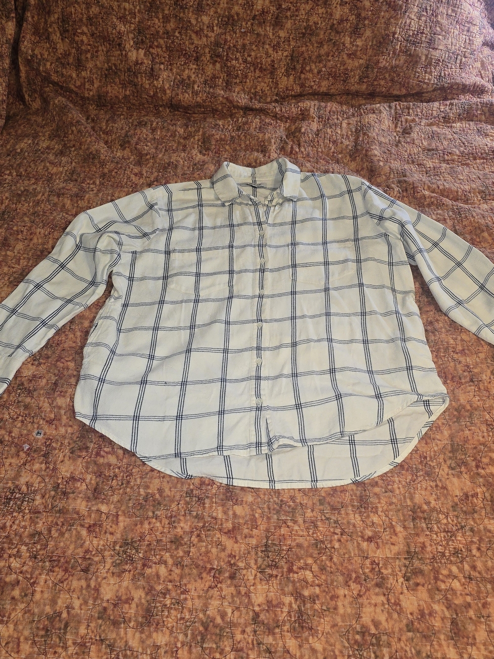 Madewell Cream & Blue Plaid Button-Down Shirt Size Medium Good Condition